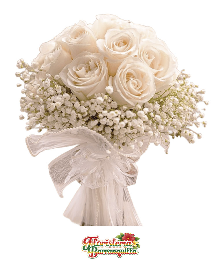 Bouquet romántico con rosas y gipsofilia